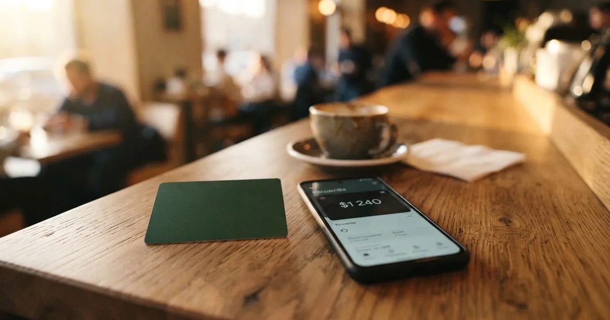 Платёжная карта рядом с телефоном, на экране криптокошелёк