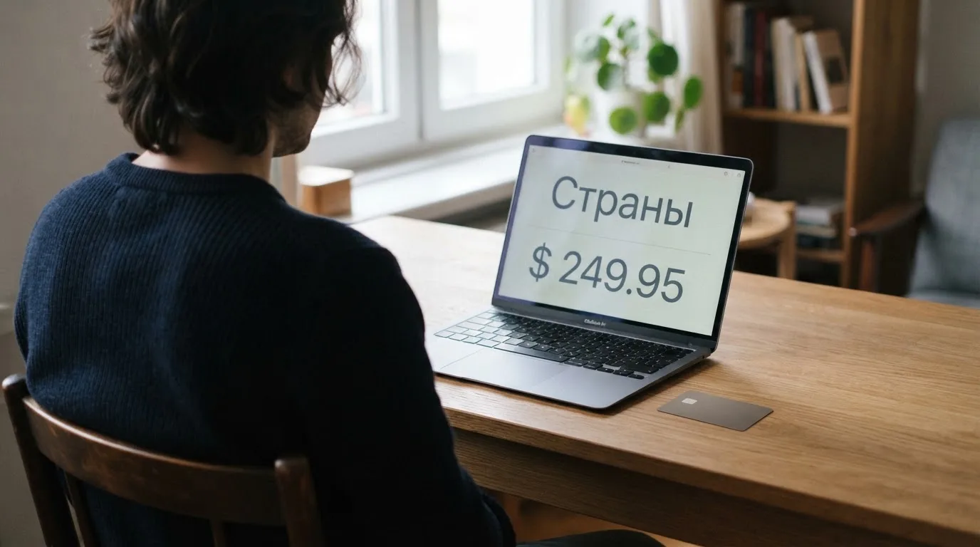 Человек сравнивает две платёжные карты за столом с ноутбуком